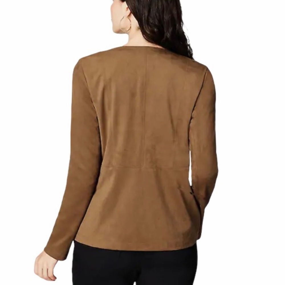 J Jill  Acorn Brown Ultra Soft Faux Suede Moto Zip Jacket Petite L - Picture 3 of 15